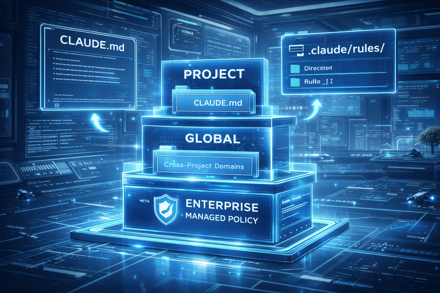Layered isometric diagram showing Claude Code's context hierarchy — Enterprise Managed Policy at the base, Global in the middle, Project with CLAUDE.md and .claude/rules/ at the top