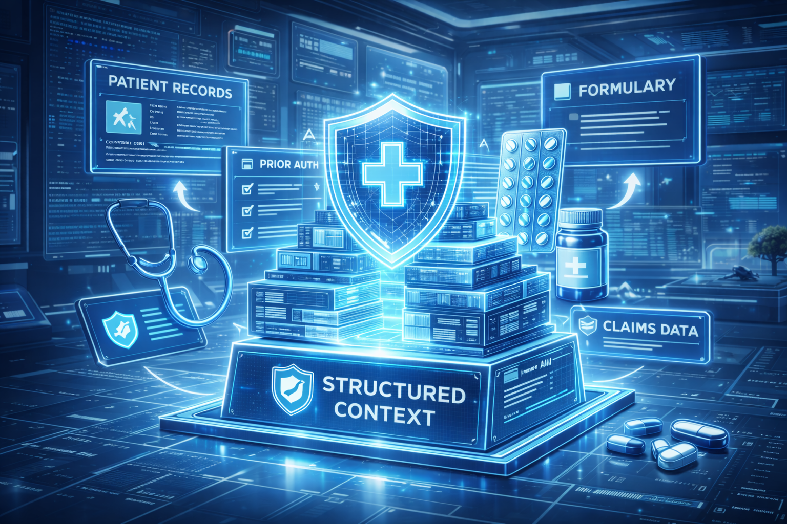 A structured context stack with a healthcare shield representing governed AI criteria for prior authorization workflows